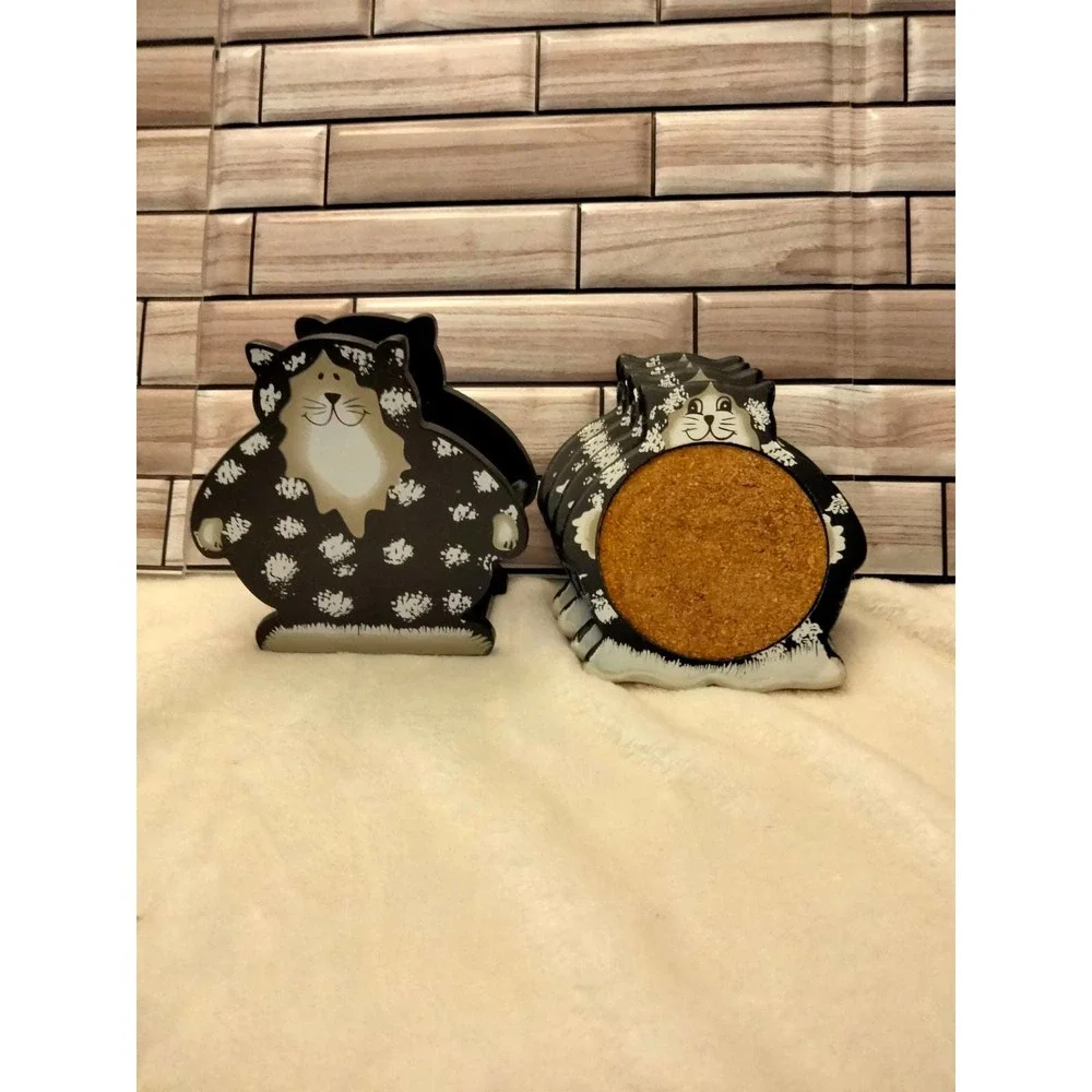 Smiling Cat Wood Coasters- 4 with holder-5